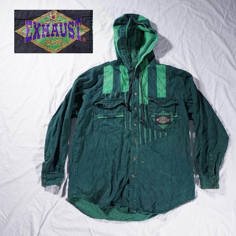 Vintage Exhaust Jeans Hoodie Button Shirt Blue Green Denim Stripe Snap Mens 90s